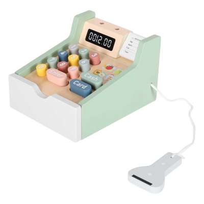 Wooden toy cash register for kids with scanner