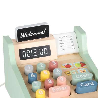 Wooden toy cash register for kids with scanner