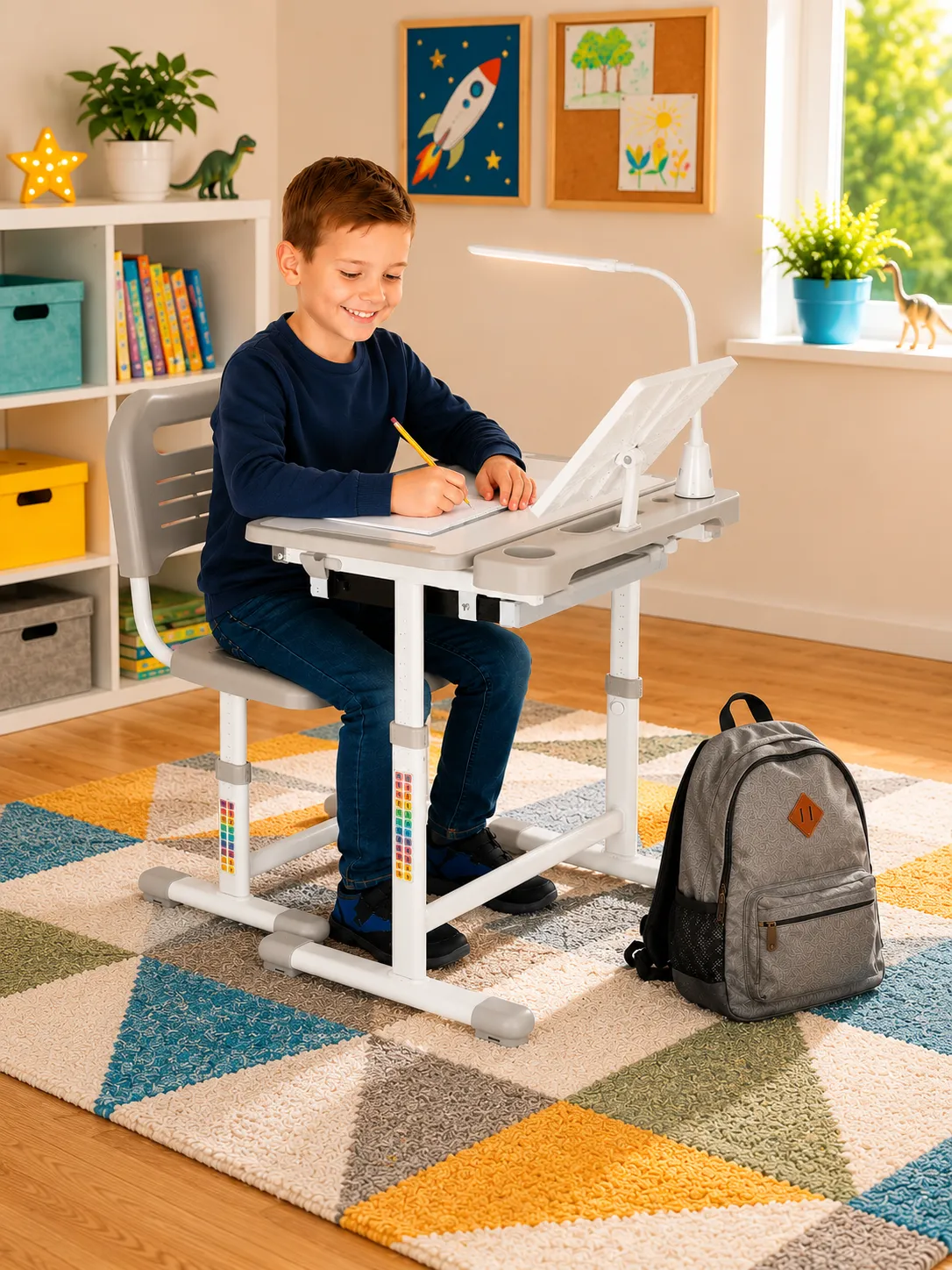 Student room with desk, chair and lamp