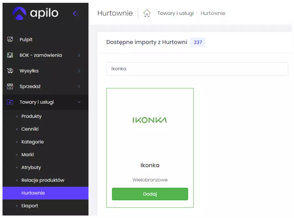 Panel Apilo — sekcja „Hurtownie” z widocznym profilem hurtowni IKONKA i przyciskiem „Dodaj”.