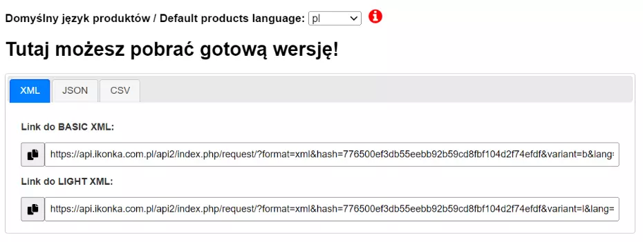 Sekcja pobierania plików — linki do wersji BASIC i LIGHT XML