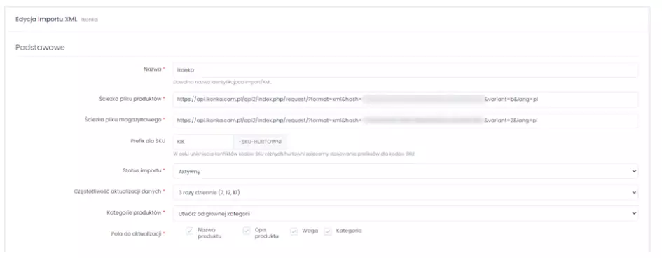 XML import editing screen — settings for integration with the IKONKA warehouse, XML links