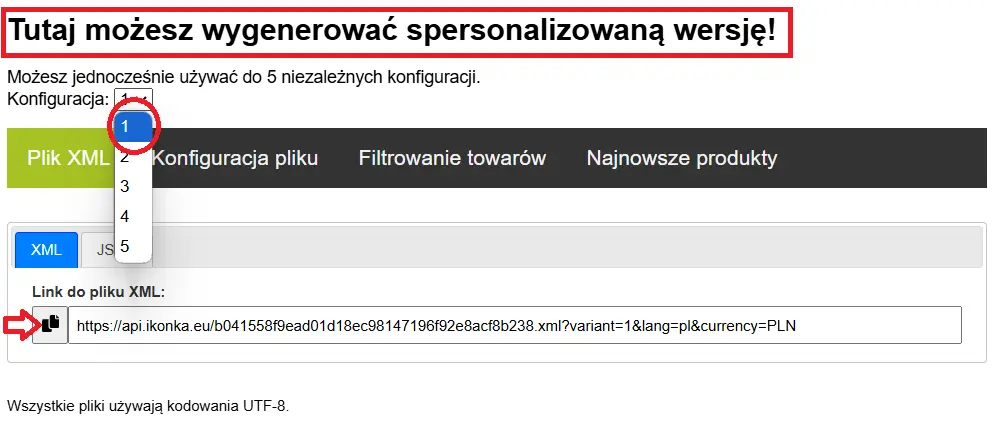 Ekran generatora XML — wybór konfiguracji i link do pliku XML w języku PL, walucie PLN.