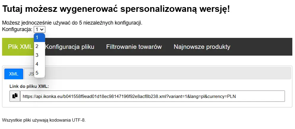 Ekran generatora XML — wybór konfiguracji 1–5, przycisk „Plik XML” i link do pobrania pliku.