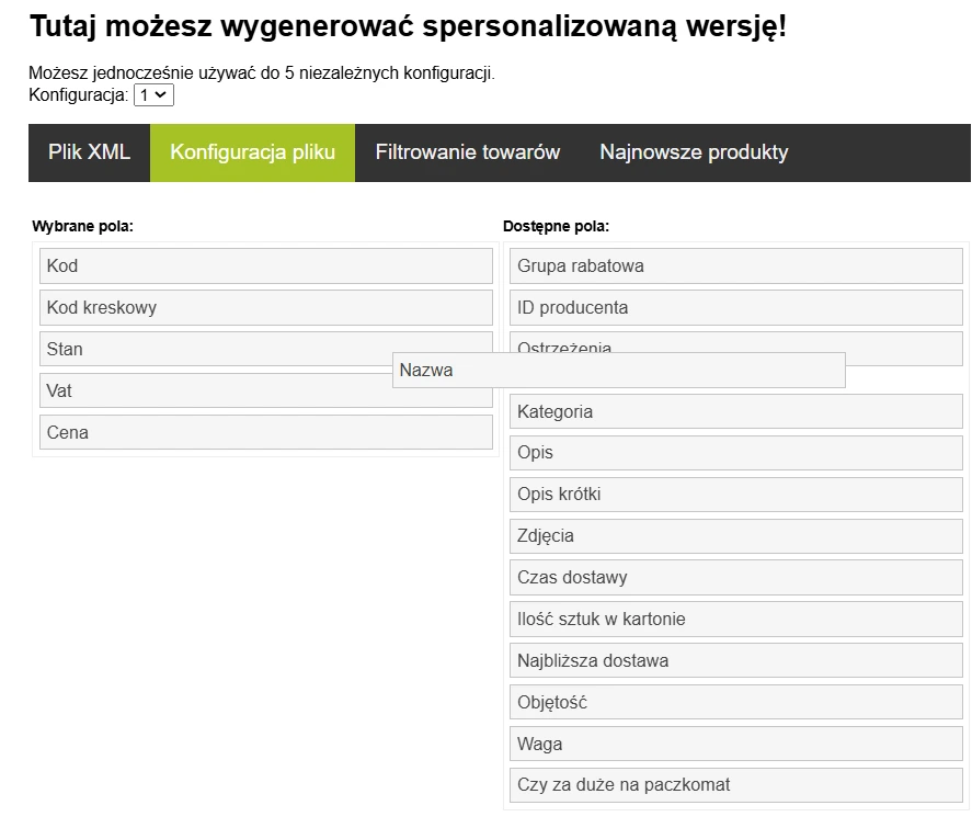 Ekran konfiguracji pliku XML — lista wybranych i dostępnych pól do generowania danych produktu.