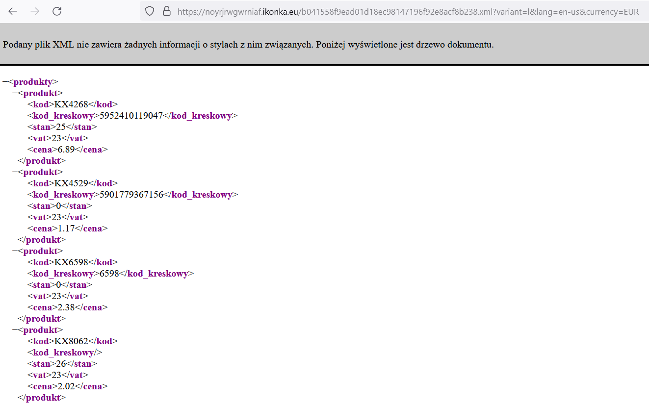 Browser view of an XML file. Message at the top: 