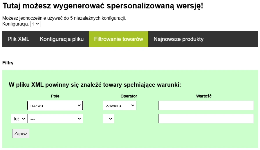 Panel filtrowania towarów XML — pola wyboru: nazwa, operator, wartość i przycisk „Zapisz”.