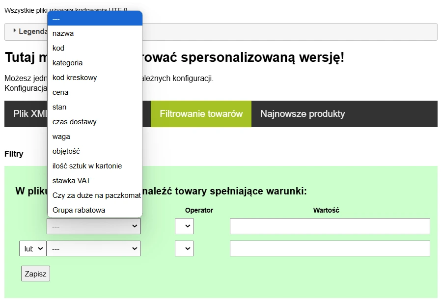Menu konfiguracji filtrów XML — pola do wyboru, operator, wartość i przycisk „Zapisz”.