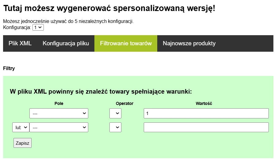 formularz filtrów produktu