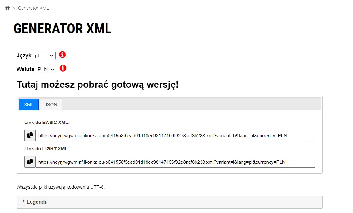 Generator XML PL/PLN — okno z linkami do BASIC i LIGHT XML do skopiowania/pobrania.