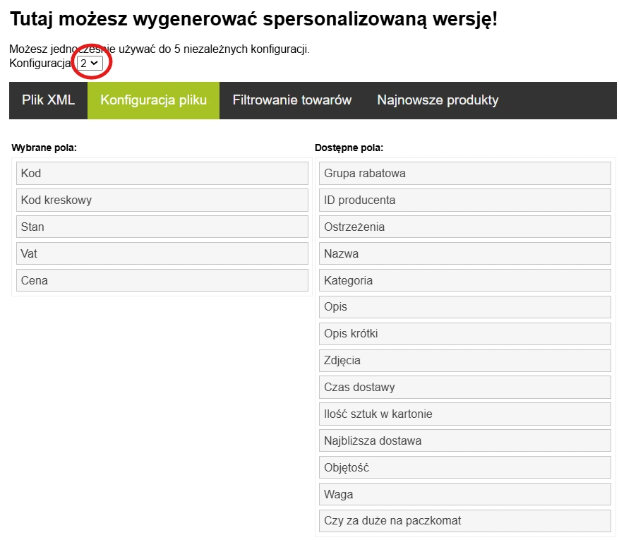 Okno konfiguracji generatora XML — umożliwia tworzenie do 5 wersji pól.