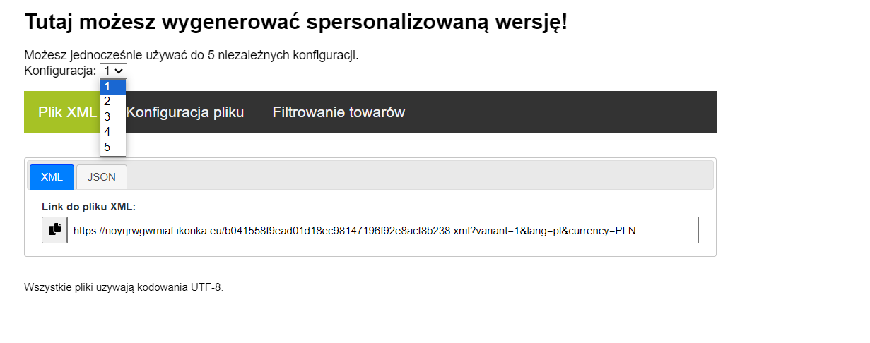 Generator XML — możliwość wyboru jednej z 5 konfiguracji oraz link do pobrania pliku XML