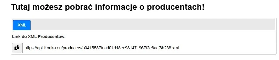 Okno z linkiem do XML producentów – umożliwia skopiowanie lub pobranie danych o producentach.