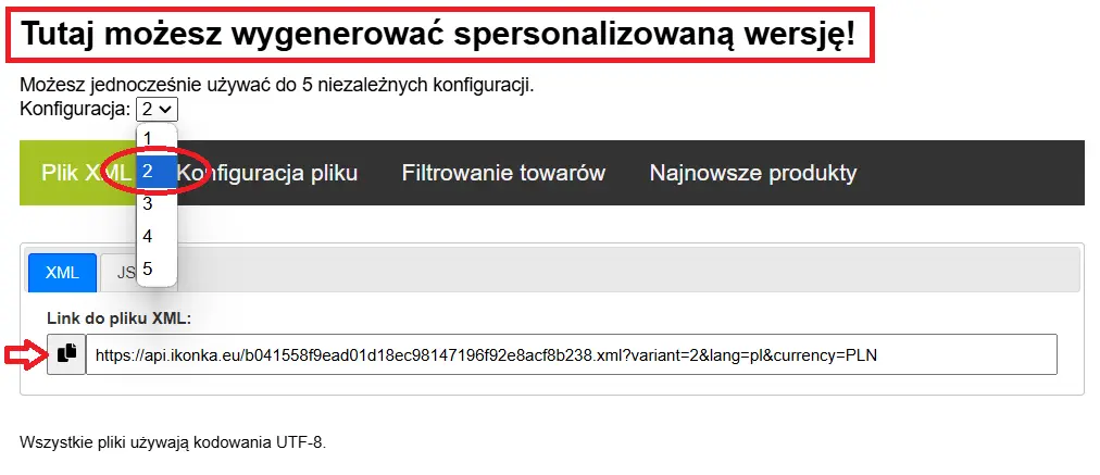 Panel generatora XML — wybór konfiguracji (1–5), przyciski akcji i link do pliku XML.