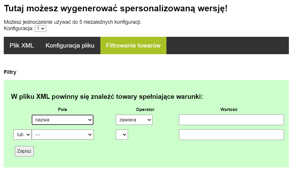 Panel filtrowania towarów XML — wybór pola, operatora i wartości z możliwością zapisania warunków