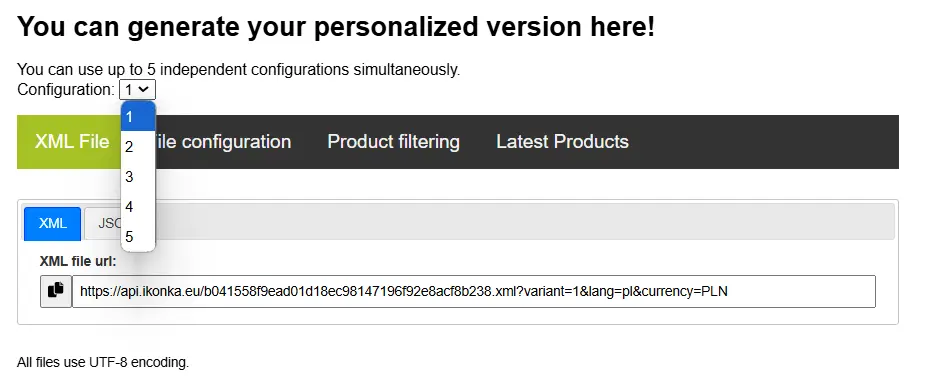 XML Generator interface — allows up to 5 configurations, with buttons for XML file, settings, filters, and link.