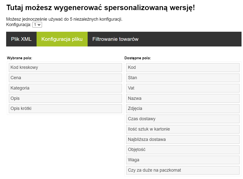 Ekran konfiguracji pliku XML — wybór pól produktu do eksportu, podział na wybrane i dostępne pola.